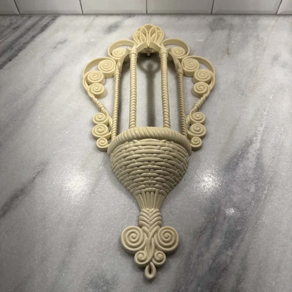 Vintage Burwood Products Cream Faux Rattan Wall Pocket Planter Plaque Decor MCM